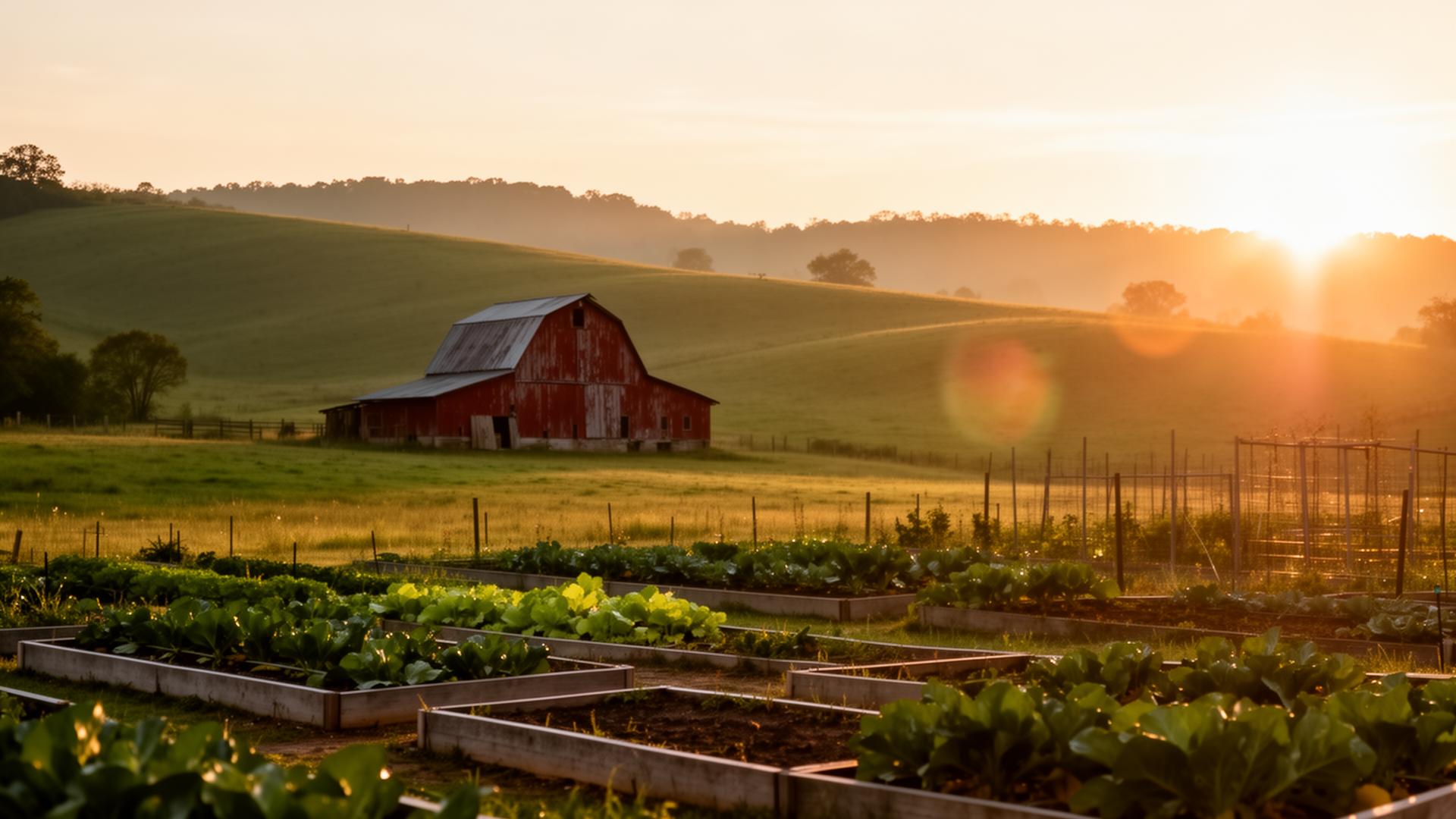 Tennessee homestead at golden hour with red barn and garden beds